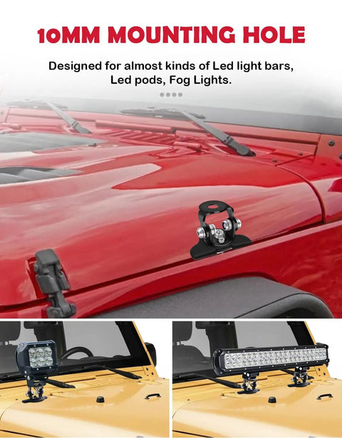Red off-road vehicle with universal LED light bar hood mounts nondestructive installation 304 stainless steel black finish