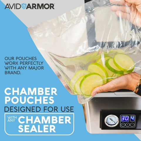 Beefy Heavy Duty Vacuum Sealer Bags 6x10 And 8x12 Inches, 280 Pack BPA Free Pouches holding sliced limes in chamber sealer.