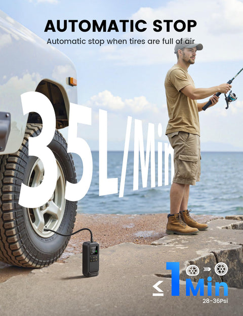 Portable Tire Inflator Air Compressor 5X Faster Up To 150 PSI Rechargeable Cordless Car Pump in use by a man at lakeside