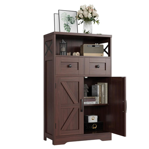 Sturdy Dark Brown Standing Go To Storage Cabinet With Drawers And Shelves For Kitchen Pantry And Home Bar Floor Hutch Cupboard