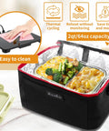 Portable Oven Lunch Box Heats Meals On The Go 12V 24V 110V 3 In 1 Car Food Warmer with open lid showing cooked food.