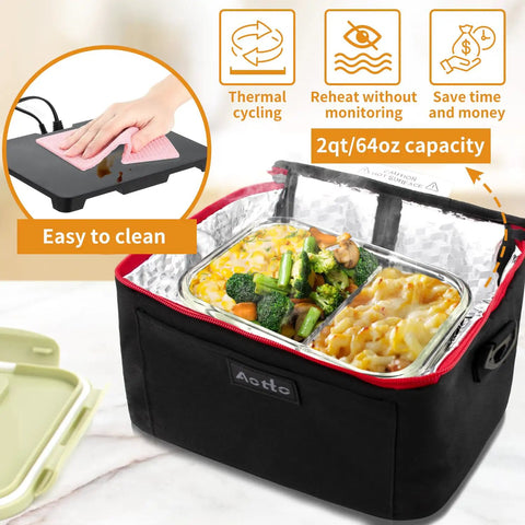 Portable Oven Lunch Box Heats Meals On The Go 12V 24V 110V 3 In 1 Car Food Warmer with open lid showing cooked food.