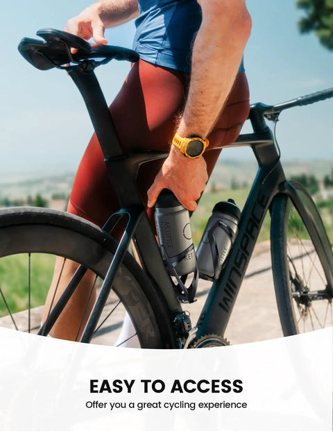 Cyclist using Ultralight Bike Water Bottle Holder For 2.75 To 3.94 Inch Bottles With Durable Cup Cage secured on bike frame.