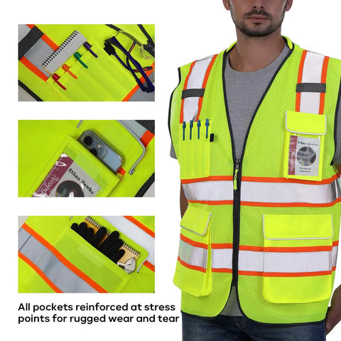 High Visibility Work Safety Vest ANSI Class 2 Yellow Mesh With Pockets And Zipper Padded Neck For All Day Comfort