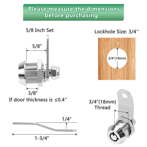Measurements of Built Tough Tubular Cam Locks For Toolboxes And Drawers With Keyed Alike Operation, chrome finish, 5/8 inch size.