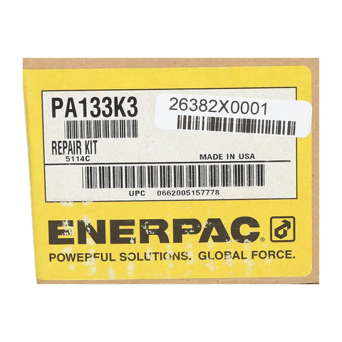 Box label for Repair Kit For PA-133K3 Hydraulic System Tool With Replacement Parts, featuring product codes and Enerpac branding