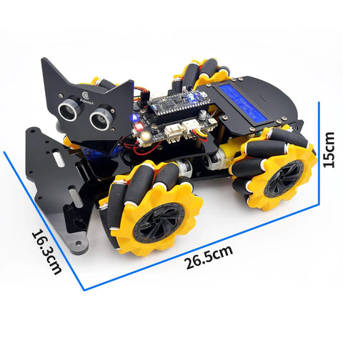 Front view of Adeept 4WD robot kit with yellow omni-directional mecanum wheels, black chassis and LCD1602 display