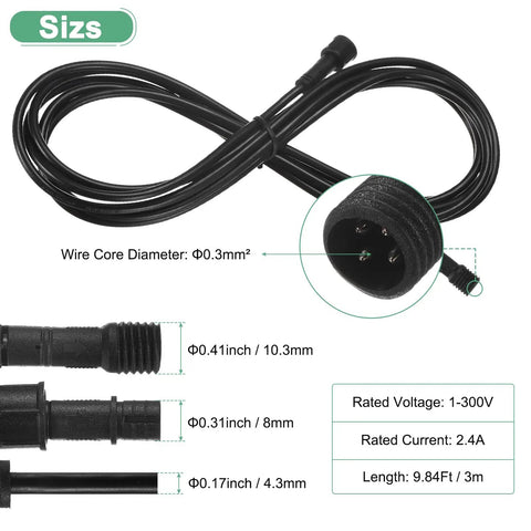 Badass 5 Pack Waterproof Extension Cables With 4 Pin IP67 Male Female Connectors For Deck Out Your Yard Or Gear Up Your Truck Heavy Duty Landscape And LED Strip Run Using No Sweat Sealed Plugs, measuring 3m, with various connector sizes.