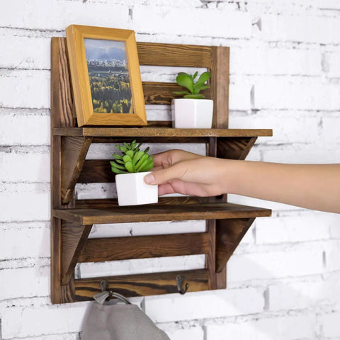 Hella Sturdy Two Tier Wall Mounted Wooden Shelf Rack With Reliable Key And Towel Hooks For Entryway Storage Dark Brown Farmhouse Design Totally Elevates Your Space Quick