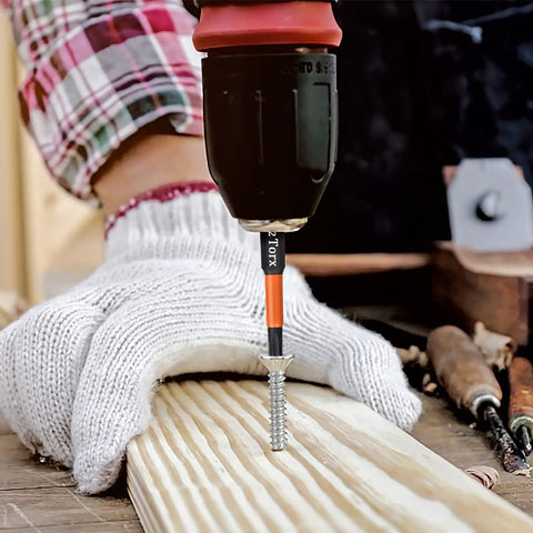 Person using power drill with Pro Torx T25 Screwdriver Bit Set Ten Pieces With Fifty Millimeter Length And One Quarter Inch Hex Shank