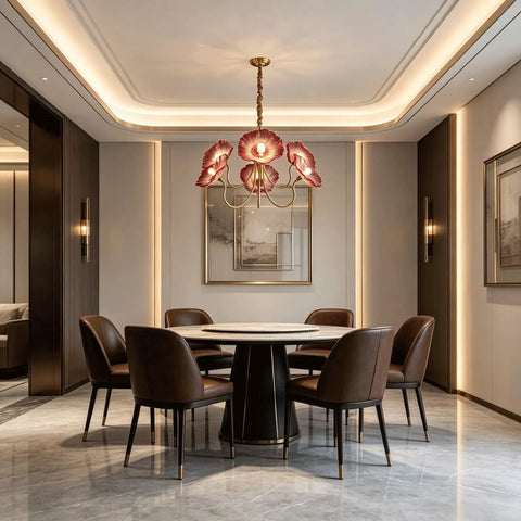 HLRCB Indoor Pendant Light, 21.7", Glass Floral Shade Adjustable Drop above modern dining table in elegant room interior.
