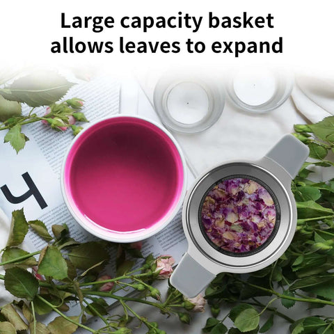 Top view of Stainless Steel Loose Leaf Tea Infuser With Extra Fine Mesh Ball Heat Proof Dual Handle Steeper used with a mug