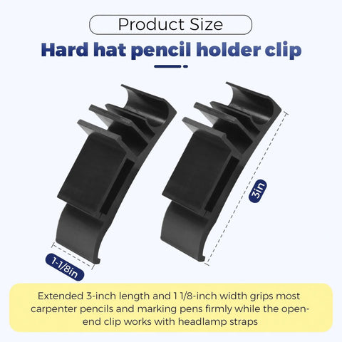2 Pack Hard Hat Pencil Holder Clip 3 In 1 Attachment For Carpenter Pencils, Markers, And Headlamp Bands Built Tough Black Reinforced Nylon Fits Both Sides Of Hard Hats For Woodworkers showing size dimensions 3 inch length and 1-1/8 inch width