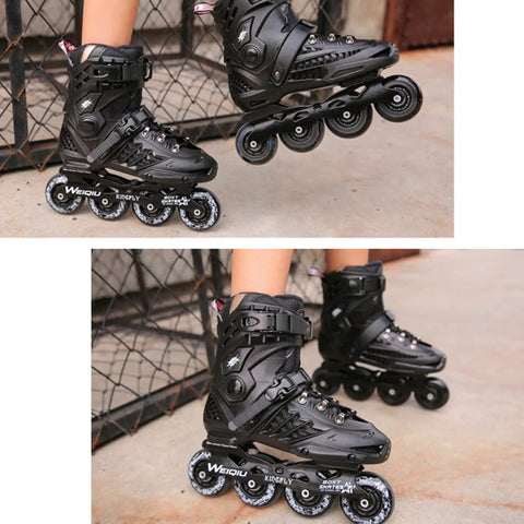 All Terrain Inline Skates for Adults Unisex Men Women Teens Outdoor and Indoor Roller Blades Durable PP Shell Aluminum Frame ABEC 9 Bearings Non Slip PU Wheels Built for Comfort Casual Cruiser Skating shown in action on feet