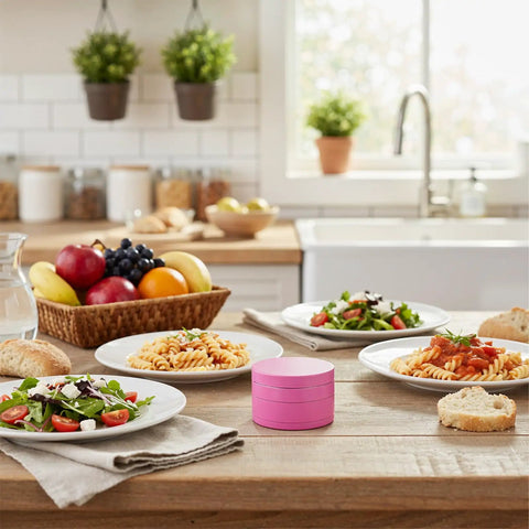 Pink Spice Grinder 2.5 Inch Portable Grinder For Fresh Herbs And Spices on kitchen table surrounded by dishes and fruit basket