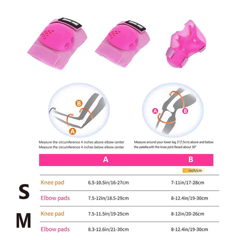 Kids 3 In 1 Protective Gear Set With Knee Pads Elbow Pads And Wrist Guards For Roller Skates Cycling Inline Skating Skateboards BMX Bikes And Scooters 6 Pack For Ages 3 To 15 size guide and measurements