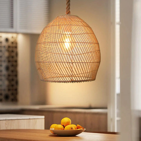 Natural Rattan Pendant Light For Kitchen Island With Woven Rope Shade Handmade Hanging Ceiling Lamp Chandelier in a cozy kitchen.
