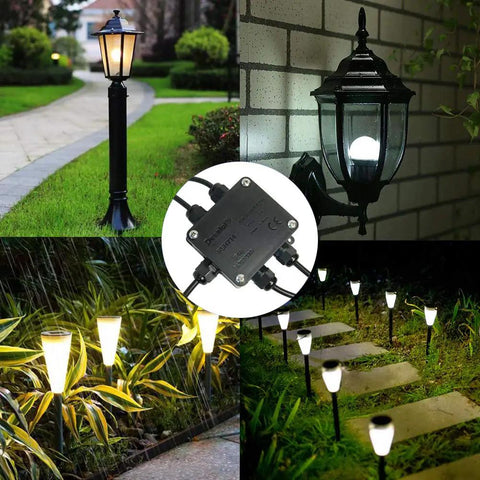 Collage of outdoor lighting with External Outdoor Underground Electrical Junction Box 5 Way Cable Connector in center