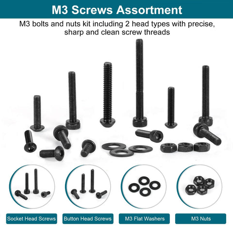 1590 Piece M3 Screw Kit For 3D Printing With Button Head And Hex Socket Heads Nuts And Washers 12.9 Grade Alloy Steel