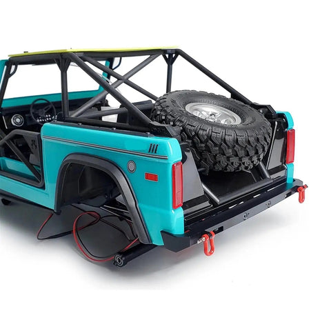 Rear view of 1:10 Bronco RC with metal bumper and spare tire, LED Light Strips Kit For 1:10 Bronco RC Crawler With Metal Rear Bumper And Lights Upgrade Fits SCX10 III AXI03014 Durable Aluminum Frame Bright LED Car Lamps For Night Races And Trail Runs Dope Look.