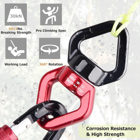 Heavy Duty 30KN Tree Swing Swivel Spinner with smooth rotational red aluminum alloy hook showing 360° rotation feature.