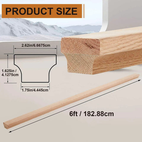 Solid Two Pack Six Foot Red Oak Handrails For Stairs With A Slick Double Layered Straight Build And Real Timber Look. Product dimensions shown.