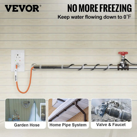 Self Regulating Pipe Heating Cable 60 Feet 5W Per Foot Heat Tape For Freeze Protection Keeps PVC Metal And Plastic Pipes From Freezing 120V Ideal For Outdoor Hoses Basements Valves And Drains shown installed on metal pipe