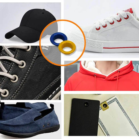 300 Set Metal Grommet Kit With Eyelets And Washers, includes base, punch and install tool shown with shoes, hat, and hoodie