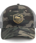Front view of No Crying On The Yacht Trucker Hat for Women, camouflage pattern with ventilated mesh sides and emblem design