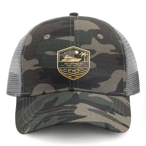 Front view of No Crying On The Yacht Trucker Hat for Women, camouflage pattern with ventilated mesh sides and emblem design