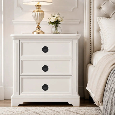 Black Round Recessed Ring Pull Handles 43.5mm on white cabinet drawers next to bed and lamp