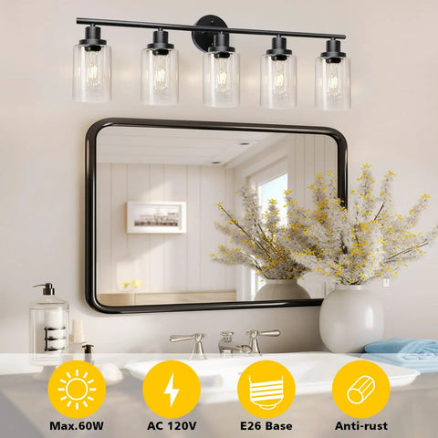 Slick Black 5 Light Vanity Fixture with Clear Glass Shades above mirror in bathroom, E26 Base, Easy Install, sleek contemporary lighting.