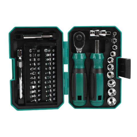 Knockout Metric Ratchet Wrench Set Featuring 10 Sockets Spanning 4 To 13 Millimeters with driver bits and sturdy extensions