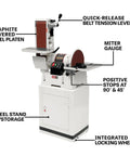 Heavy Duty 6 By 48 Inch Belt And 12 Inch Disc Sander With Closed Stand One Point Five Horsepower, featuring steel stand and integrated wheels.