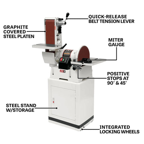 Heavy Duty 6 By 48 Inch Belt And 12 Inch Disc Sander With Closed Stand One Point Five Horsepower, featuring steel stand and integrated wheels.