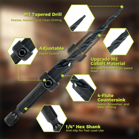 M2 Tapered Drill with adjustable depth, featuring 4-flute countersink for smooth drilling, suitable for the Heavy Duty Countersink Drill Bit Set For Woodworking Packs Adjustable Depth Tapered Bits Four Sharp Wood Plug Cutters One Quarter Inch Hex Shank To Serve Up Flawless Holes With Zero Sweat Or Headaches Anytime.