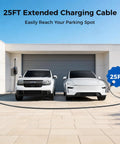 Badass Level 2 Tesla Charger With Nacs Link, 24 Amp Adjustable Power, 25 Foot Rugged Cable, Nema 14-30 And 14-50 Plugs in use with two cars.