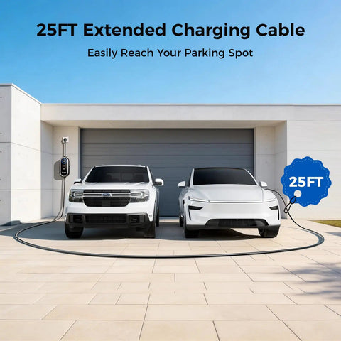 Badass Level 2 Tesla Charger With Nacs Link, 24 Amp Adjustable Power, 25 Foot Rugged Cable, Nema 14-30 And 14-50 Plugs in use with two cars.