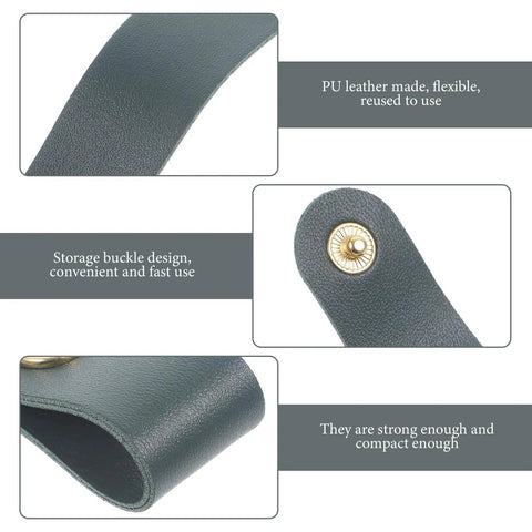 Five Piece Leather Cord Wraps Keep Your Computer Rig Hella Neat With Durable Sock Style Cable Organizers For Usb Chargers Phone Wires And Audio Equipment close-up of dark green PU leather with storage buckle.