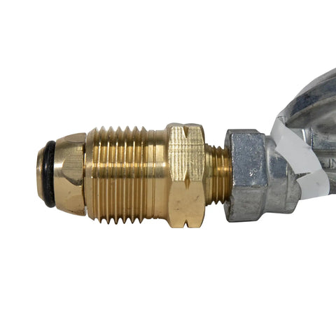 Close-up of propane low pressure regulator fitting with brass 3/8 inch female pipe thread and POL fitting for BBQ grills and appliances.