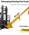 Heavy Duty Telescopic Forklift Boom Extension, Adjusts From Seven To Twelve Feet, Swivels Up To Seventy Five Degrees, Hauls 4400 Pounds Without Breaking A Sweat, Dual Hooks For No Nonsense Job Site Work, mounted on a forklift.