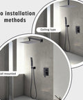 10-Inch Ceiling Mount Rainfall Shower System with All-Metal Handheld Sprayer in Matte Black showing ceiling and wall installation options.