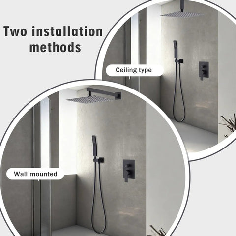 10-Inch Ceiling Mount Rainfall Shower System with All-Metal Handheld Sprayer in Matte Black showing ceiling and wall installation options.