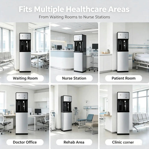 Hospital Grade Freestanding Water Dispenser With Hot Cold And Room Temp Settings Direct Plumbing Hookup For Automatic Refill in healthcare environments.