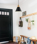 Dope Black Pendant Light Two Pack 9.4 Inch Farmhouse Modern Pendant Lighting installed in entryway with black door and wooden bench