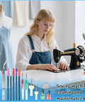 15 Piece Sewing Machine Cleaning Kit With Screwdriver, Tweezers, Double Headed Brush, Silicone Brush, Rippers, And Storage Case displayed alongside a sewing machine.