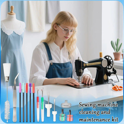 15 Piece Sewing Machine Cleaning Kit With Screwdriver, Tweezers, Double Headed Brush, Silicone Brush, Rippers, And Storage Case displayed alongside a sewing machine.