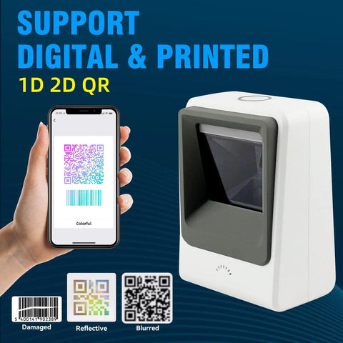 Handsfree Omnidirectional Desktop Barcode Scanner with USB Cable for 1D 2D and QR Codes image with phone scanning codes