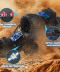 Rad 1 To 16 Scale RC Car For Adults And Kids 4x4 All Terrain Off Road Truck Reaching 40 KPH Dual 280 Motors 2.4 GHz Remote Includes 2 Rechargeable Batteries Ready For Serious RC Racing Action driving on rocky terrain, showing dual motor and shock absorbers.