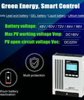 Slick 96V 45A MPPT Solar Charge Controller With Hella Efficient Lithium Battery Reactivation, showing voltage specs and features.